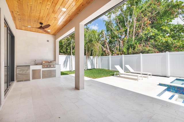 363 31st Ct, West Palm Beach, FL 33407 - view of patio / terrace featuring an outdoor kitchen, a fenced backyard, grilling area, a ceiling fan, and a sink