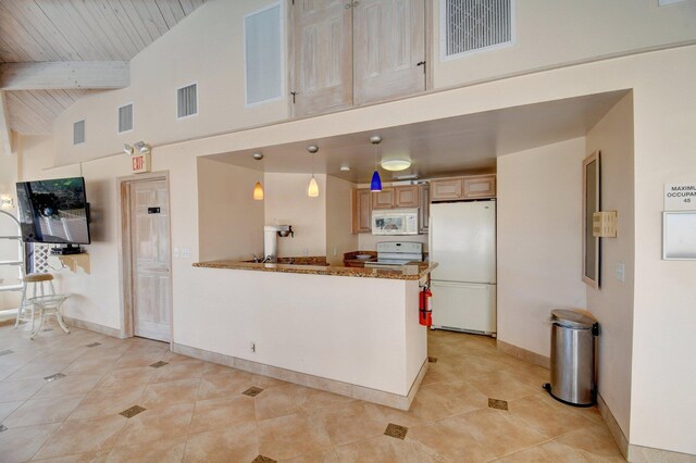 kitchen featuring decorative light fixtures, high vaulted ceiling, wooden ceiling, white appliances, and beam ceiling