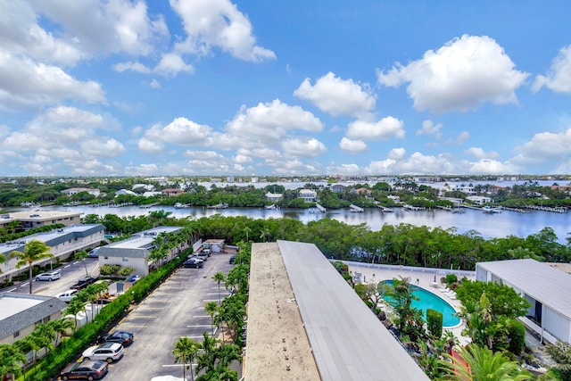 drone / aerial view featuring a water view