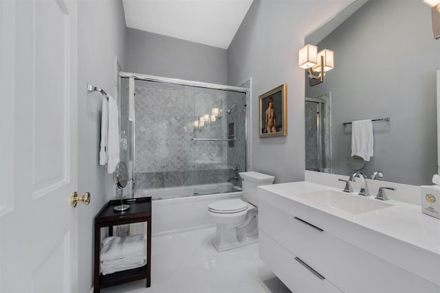 full bathroom with toilet, combined bath / shower with glass door, tile flooring, and large vanity