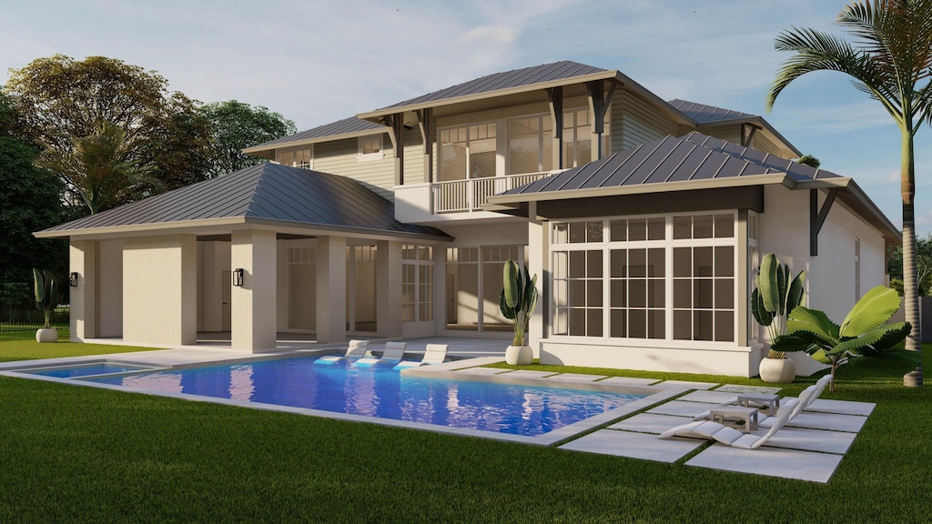 rear view of property featuring a lawn, a sunroom, a balcony, and a patio