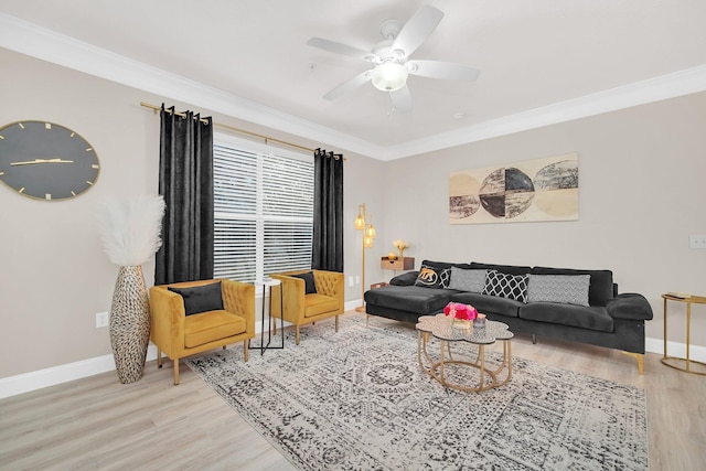 living room featuring light wood-style flooring and ornamental molding