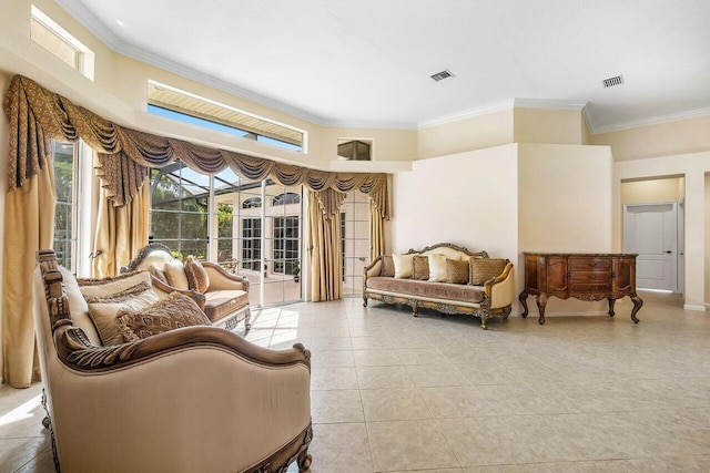 tiled living room with ornamental molding