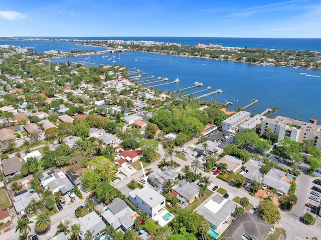 drone / aerial view featuring a water view