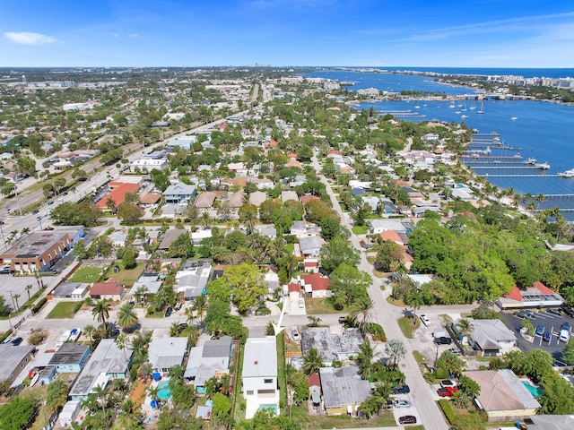 bird's eye view with a water view