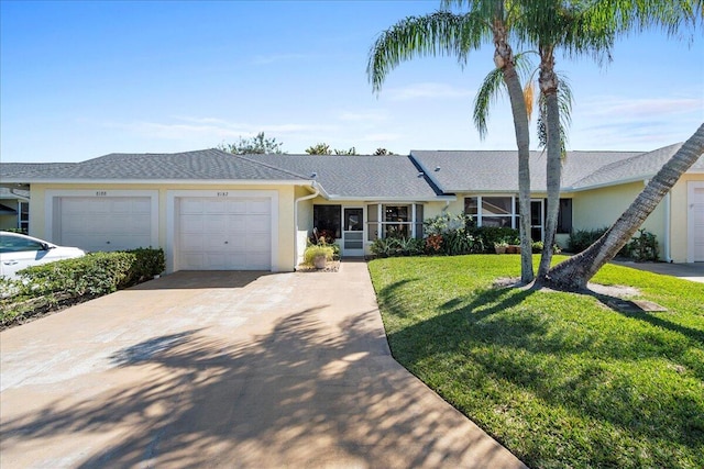 single story home featuring a front lawn and a garage