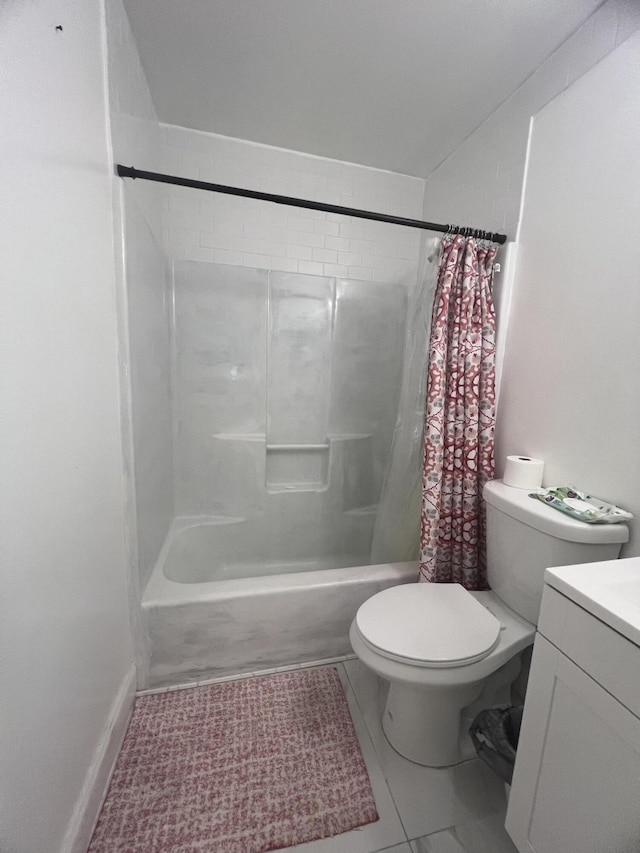 full bathroom with vanity, tile flooring, shower / tub combo with curtain, and toilet