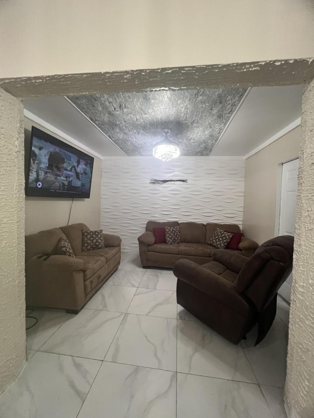 tiled living room with ornamental molding