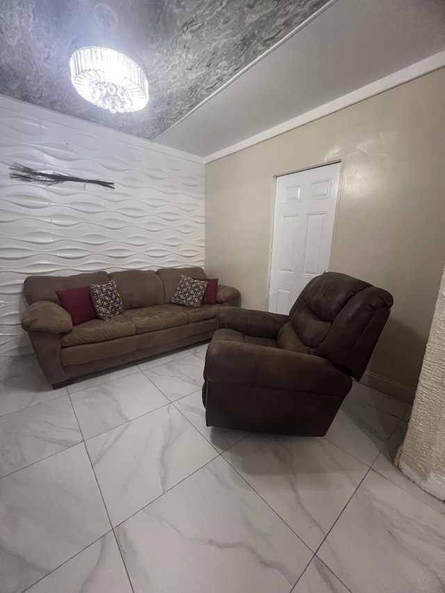 living room with a textured ceiling and light tile flooring