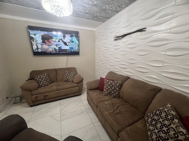 tiled living room with a chandelier