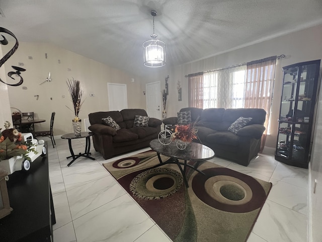 living room featuring an inviting chandelier, a textured ceiling, light tile flooring, and lofted ceiling