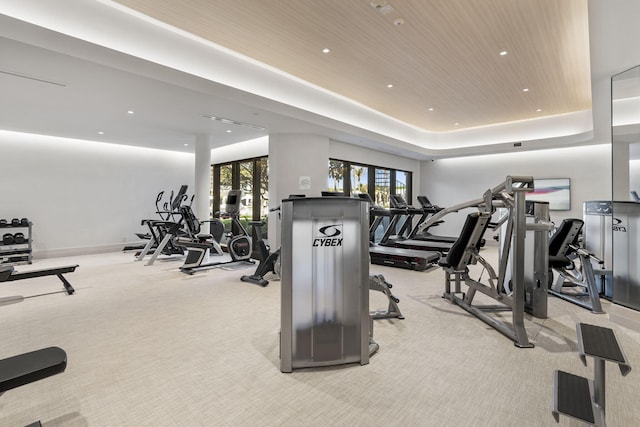 gym featuring a tray ceiling and light colored carpet