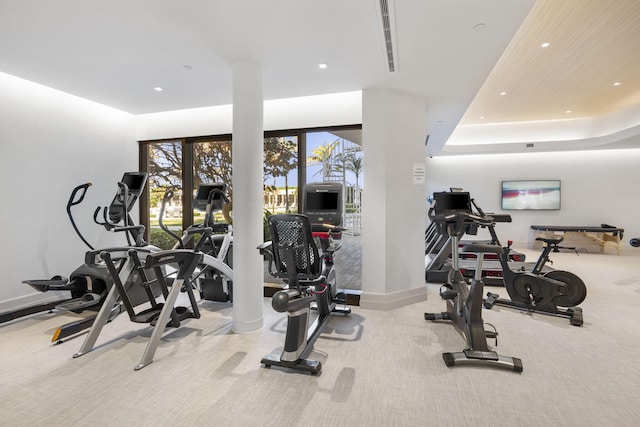 workout area featuring light carpet and a tray ceiling