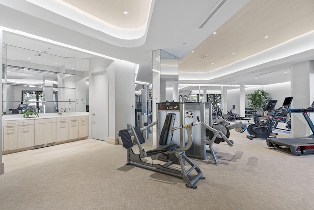 workout area featuring light carpet, a raised ceiling, and sink