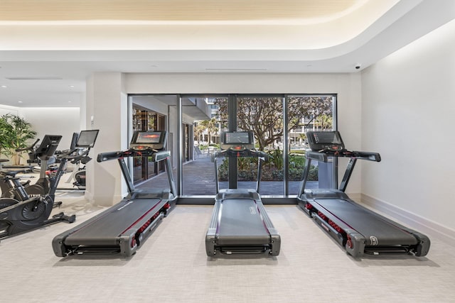 gym featuring a raised ceiling