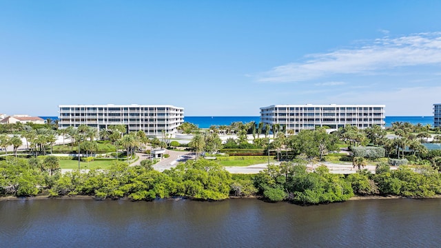 aerial view featuring a water view