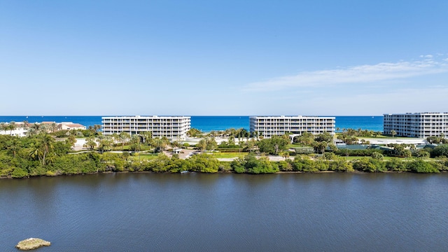 aerial view featuring a water view