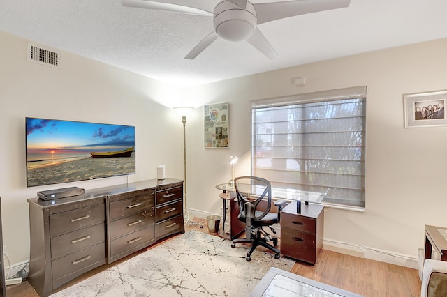 office area featuring a textured ceiling, ceiling fan, and light hardwood / wood-style flooring