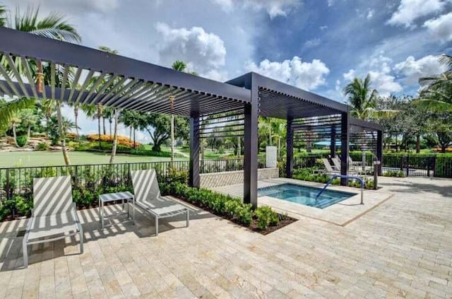 view of swimming pool with a community hot tub and a pergola