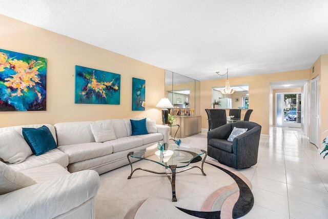 tiled living room with a textured ceiling