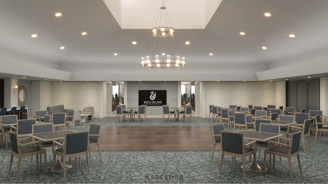 carpeted dining area featuring vaulted ceiling and an inviting chandelier