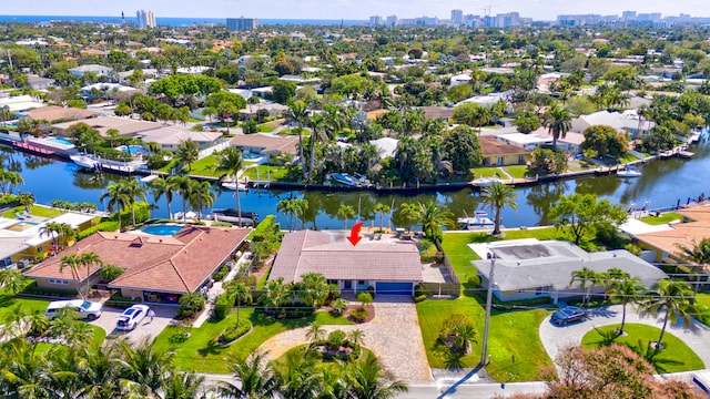 bird's eye view with a water view