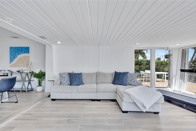 living room with wooden ceiling and light hardwood / wood-style floors