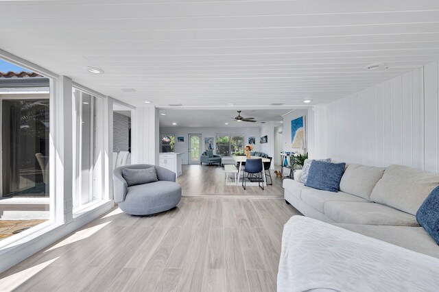 living room with wood-type flooring and ceiling fan