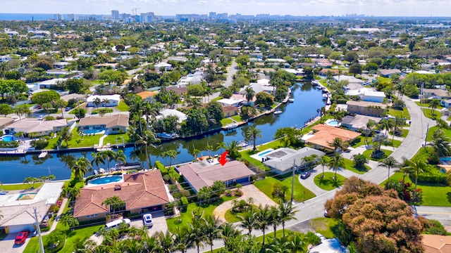 bird's eye view with a water view