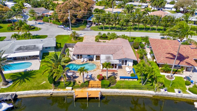 aerial view featuring a water view