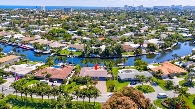 drone / aerial view with a water view