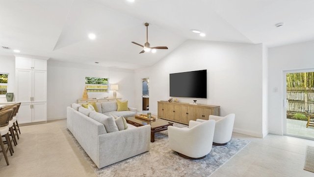 living room featuring light tile flooring, ceiling fan, and high vaulted ceiling