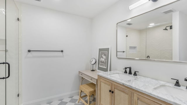 bathroom with tile flooring and dual bowl vanity