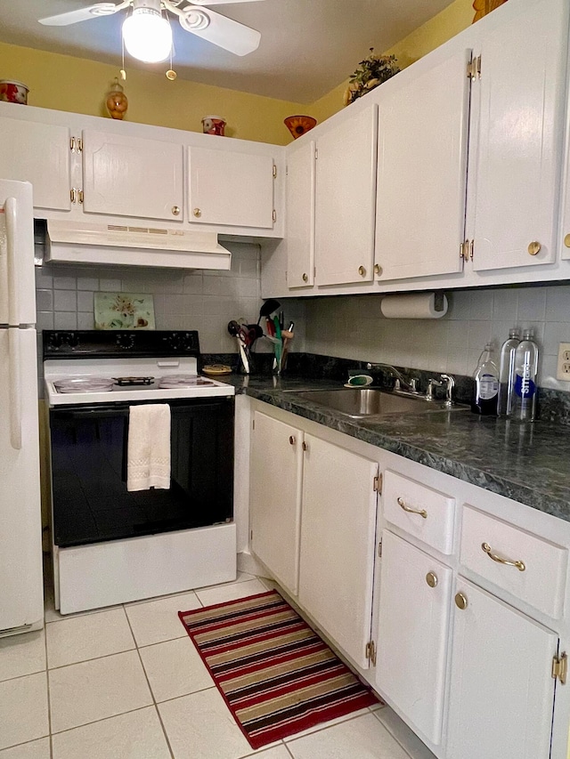 kitchen featuring premium range hood, ceiling fan, white appliances, white cabinets, and backsplash