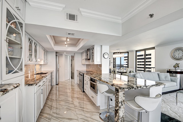 kitchen with a tray ceiling, dark stone countertops, decorative backsplash, and sink