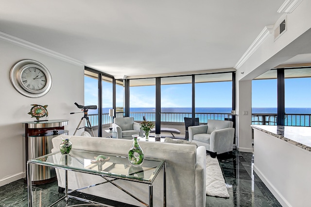 living room with a wealth of natural light, a water view, and ornamental molding