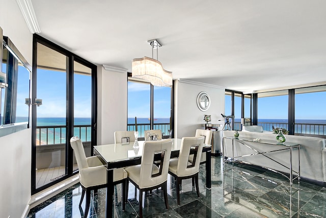 dining space with a water view, a wall of windows, and crown molding