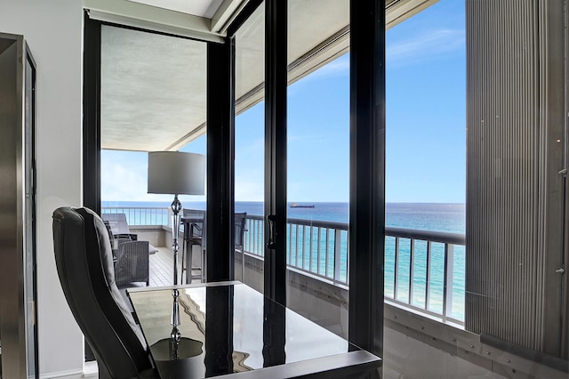 dining area with a water view