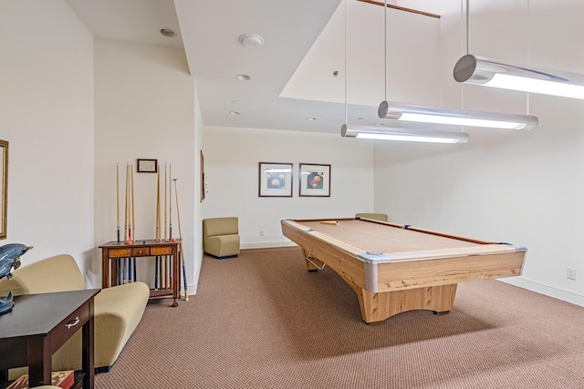 rec room with light colored carpet and billiards