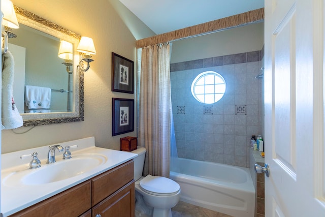 full bathroom with shower / bath combination with curtain, large vanity, and toilet