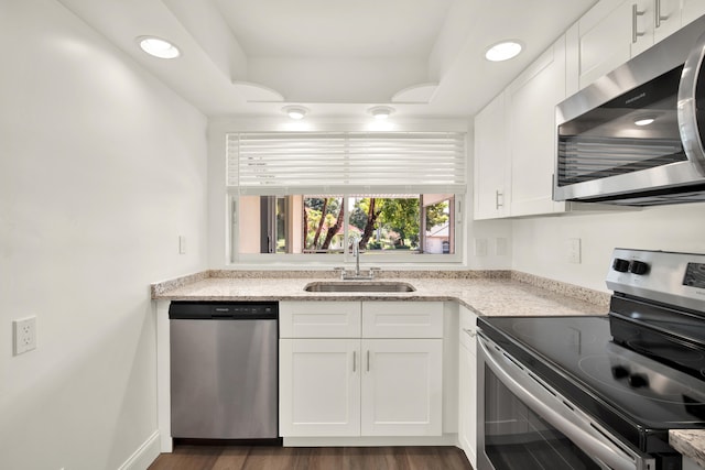 kitchen with white cabinetry, stainless steel appliances, dark hardwood / wood-style floors, and sink