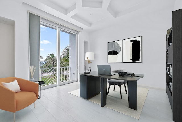 home office with baseboards, coffered ceiling, and beamed ceiling