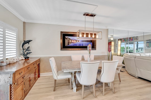 dining space featuring ceiling fan, light wood-type flooring, and crown molding