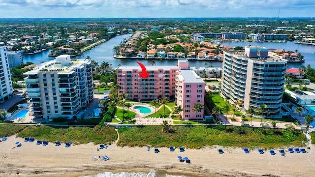 drone / aerial view with a water view