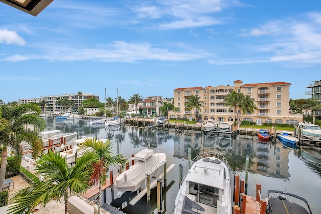 view of water feature with a boat dock