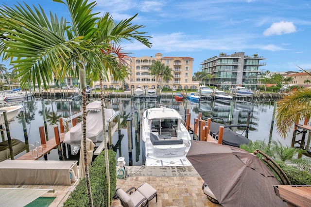 dock area featuring a water view