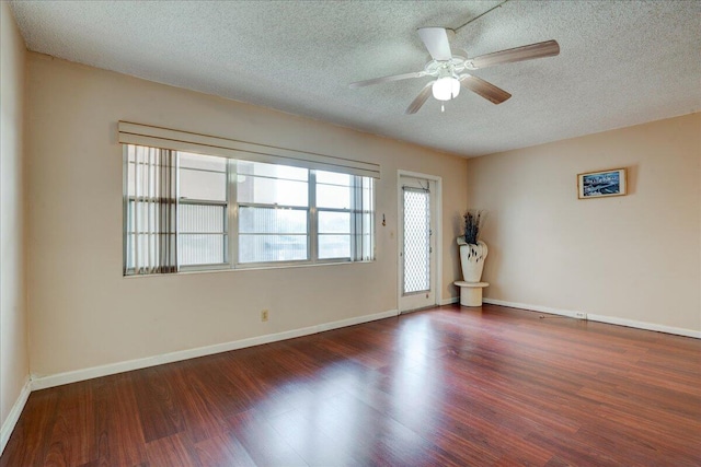 unfurnished room featuring a textured ceiling, ceiling fan, and hardwood / wood-style floors