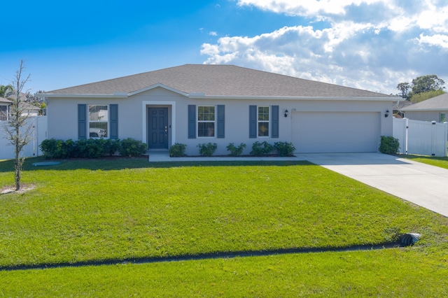 ranch-style home featuring a garage and a front yard