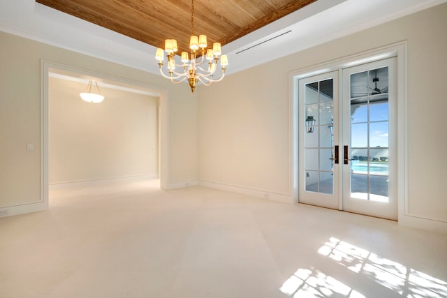 empty room with light tile flooring, a notable chandelier, wooden ceiling, french doors, and ornamental molding