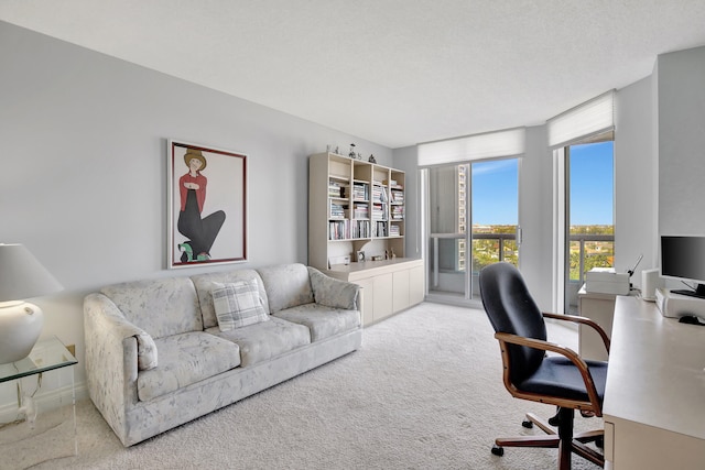 home office featuring a textured ceiling and light colored carpet